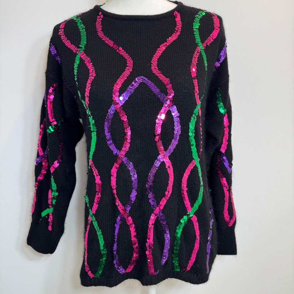 Vintage Karamiz retro Y2K Petites Black Silk Angora Blend Sweater Womens Med